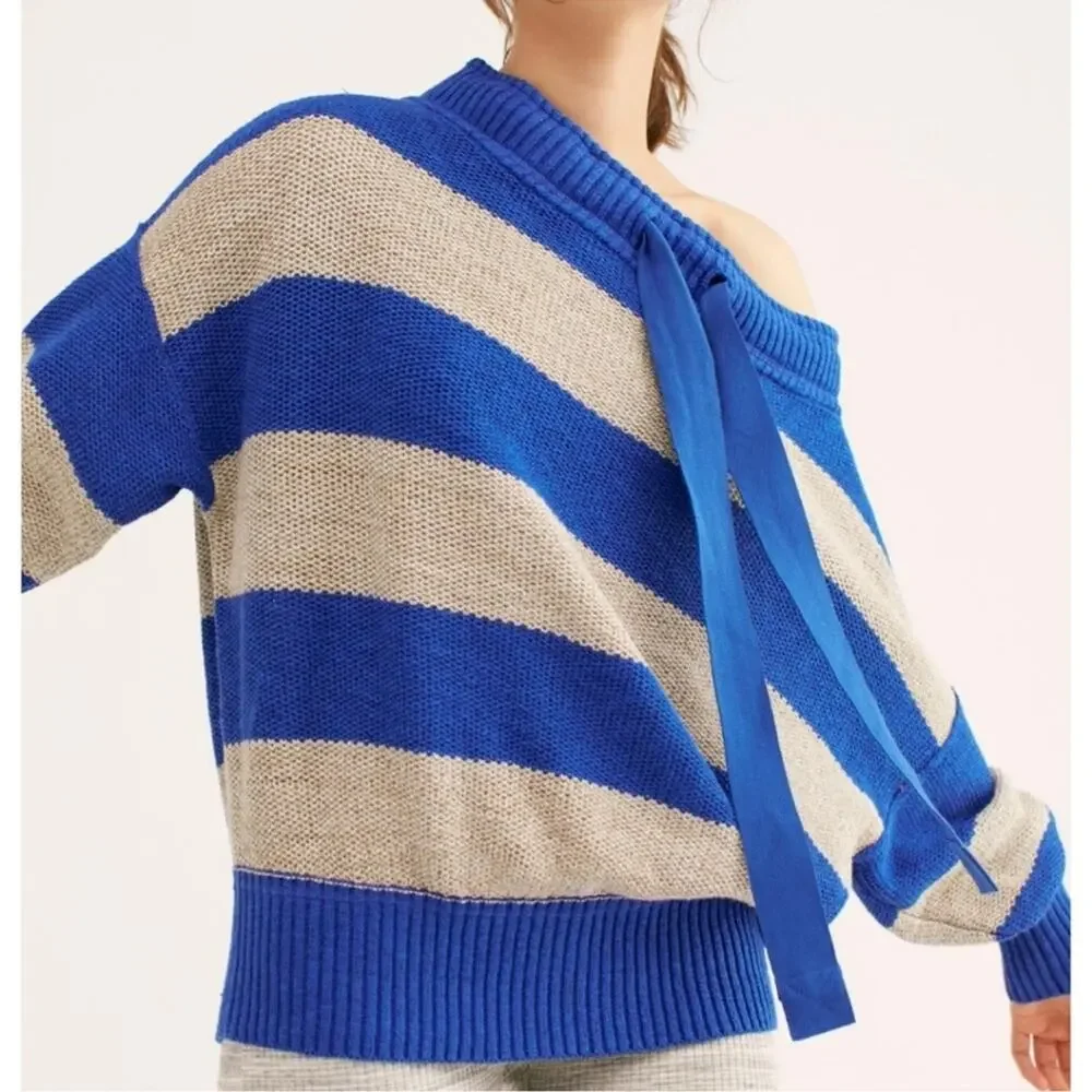 Free People Cassidy Off the Shoulder Striped Linen Blend Pullover Sweater S